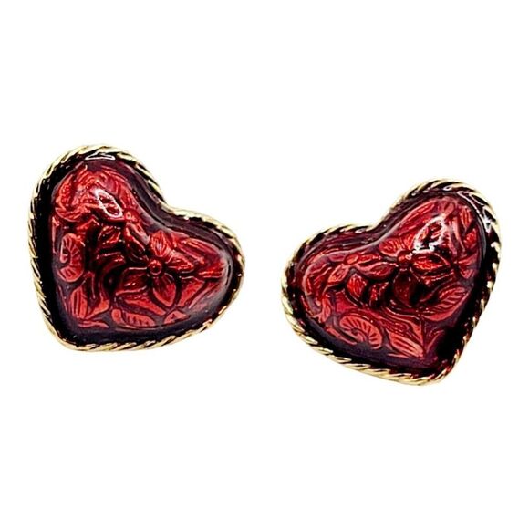 Vintage AVON Red Heart Earrings With Gold Tone Trim and Floral Design - Picture 1 of 7